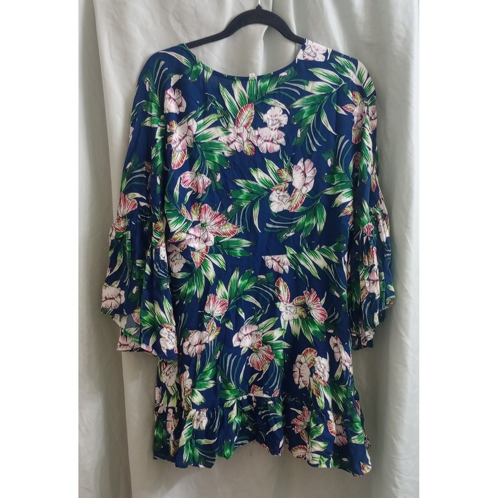 Label of Love Womens Tropical Floral Mini Dress Navy Blue Bell Sleeve Rayon S